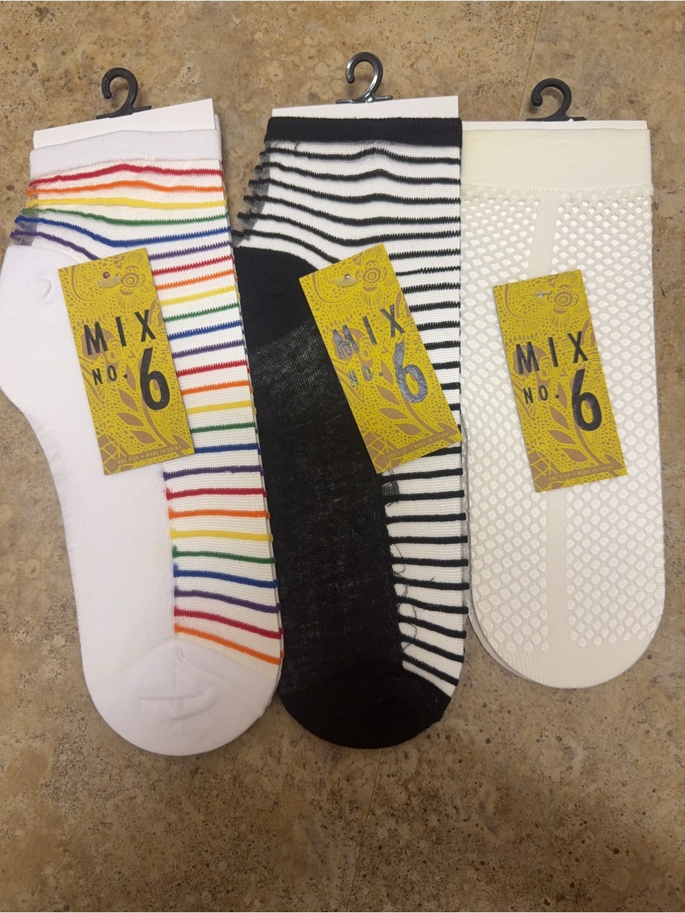 Mix No.6 Sheer Mesh & Fishnet Socks Rainbow/ Black Stripe, White Fishnet- 3 Pack